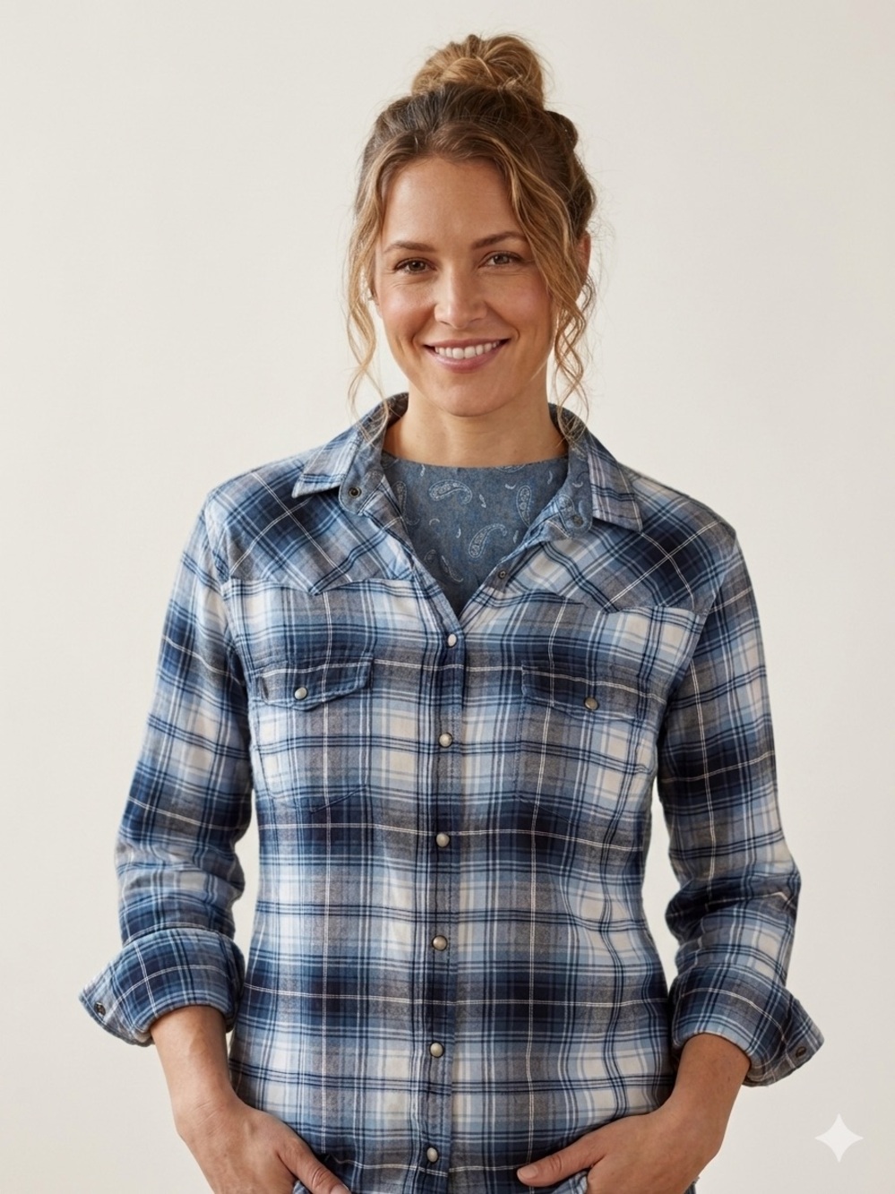 Bea Jack’s Girlfriend Western Blue Plaid Button-Down Layering‎ Cowgirl Grunge
